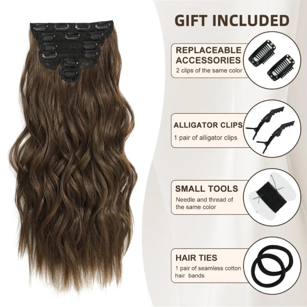 New Clip-in Hair Extensions 6PCS Medium Brown Long Wavy Soft Natural Blending
